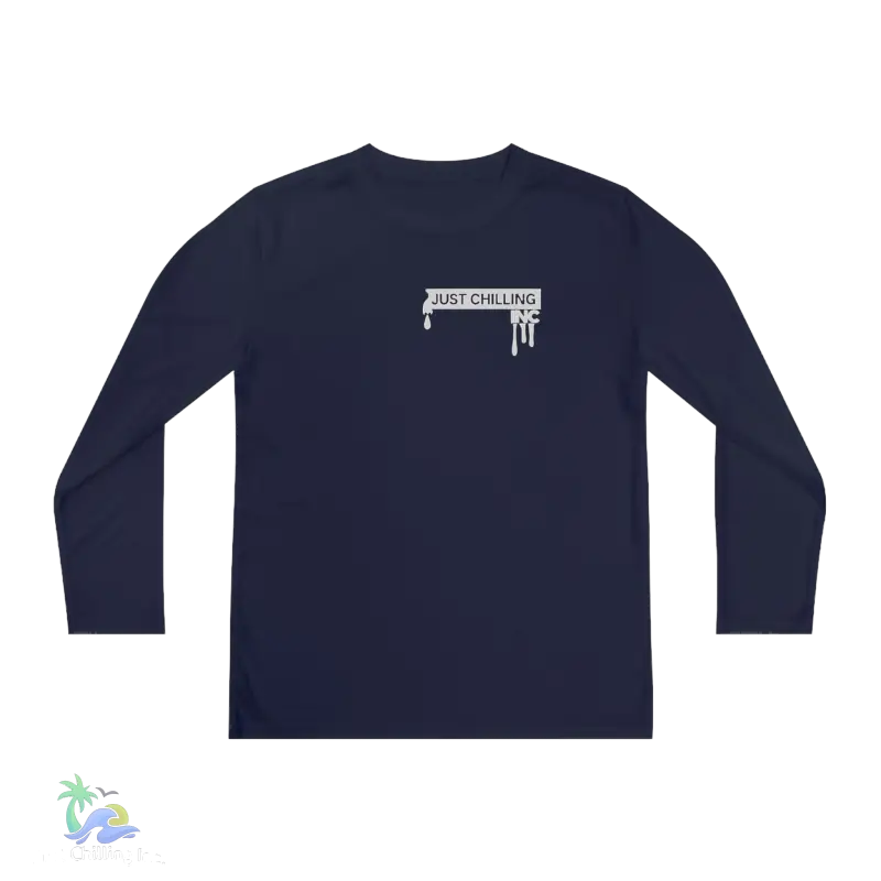 a blue long sleeve shirt with the words, don't stop and paint drip