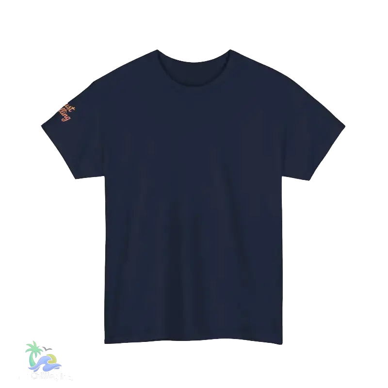A navy blue t-shirt is shown against a black background.