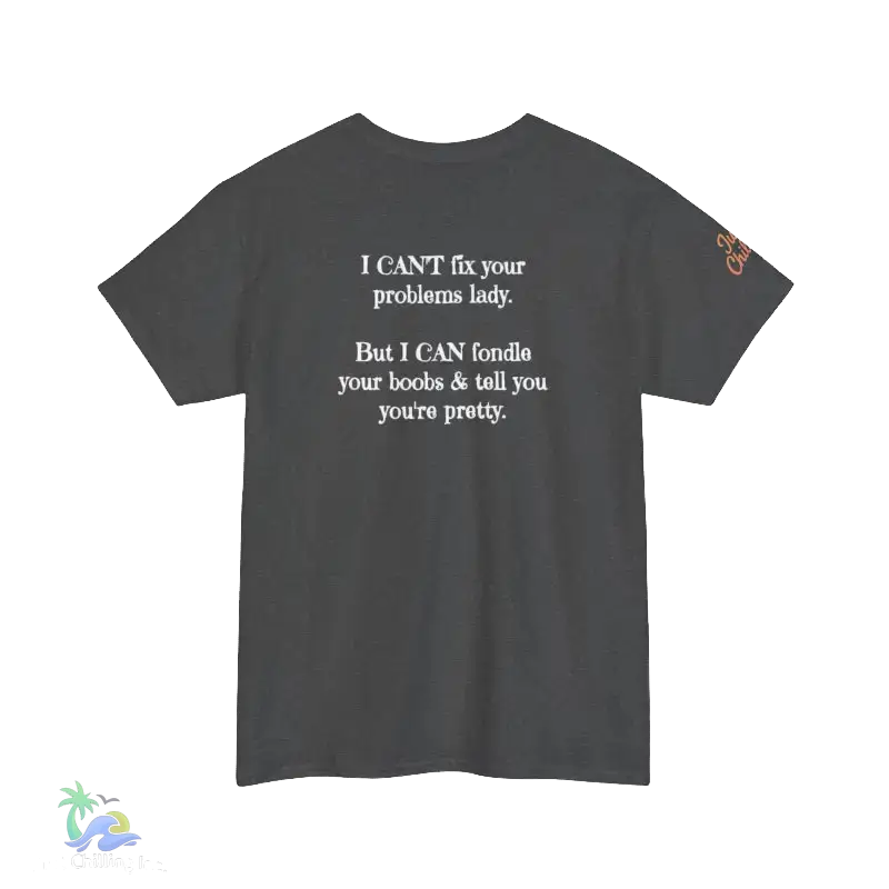 The image is a gray t-shirt with white text on it. The text reads, "I CAN'T fix your problem. But I CAN'T fiddle your boobs & tell you you're pretty."