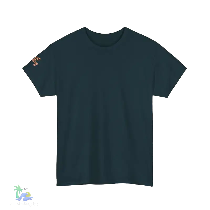 A dark green t-shirt is shown against a black background.