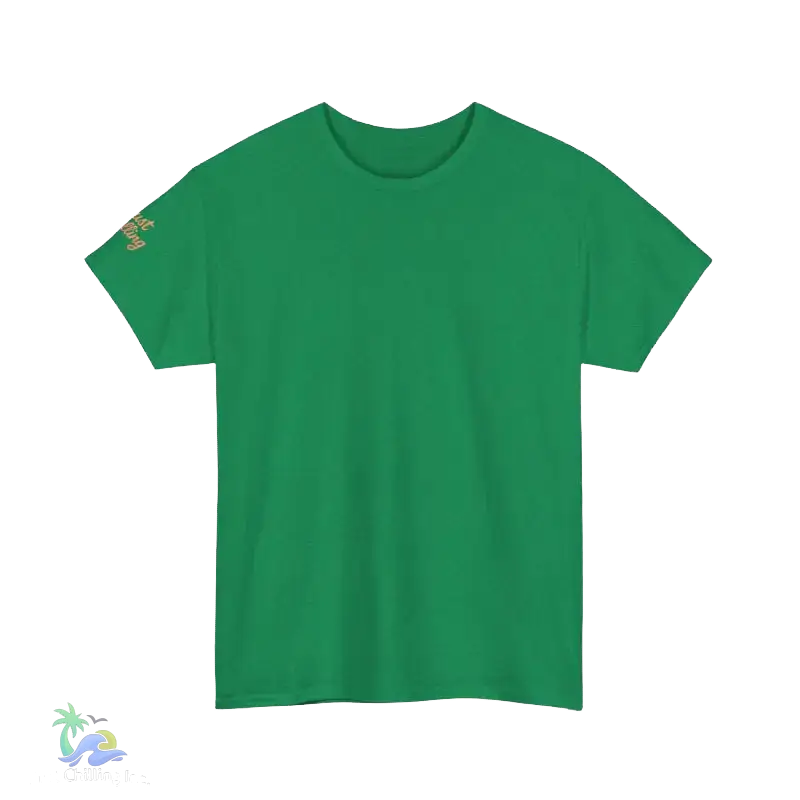 A plain green t-shirt is shown against a black background.