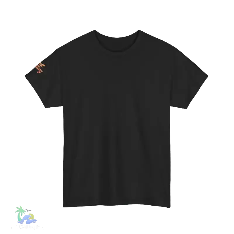 A plain black t-shirt is shown against a black background.