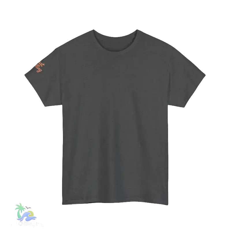 A plain gray t-shirt is shown against a black background.