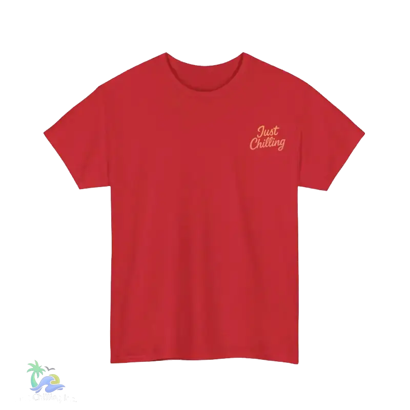 A white t-shirt with the text "Just Chilling" printed on the left side.