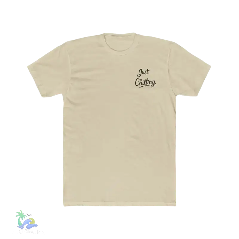 Beige t-shirt with ’Just Chilling’ text.