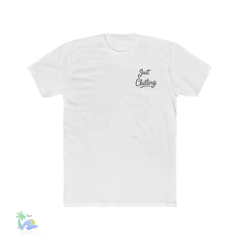 White t-shirt with text.