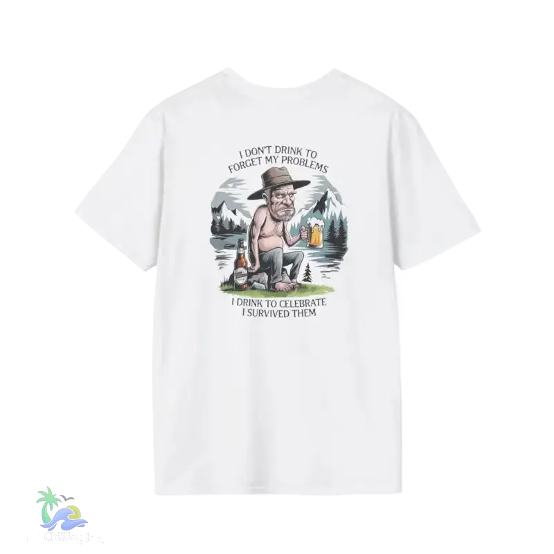 White t-shirt with humorous drinking graphic.