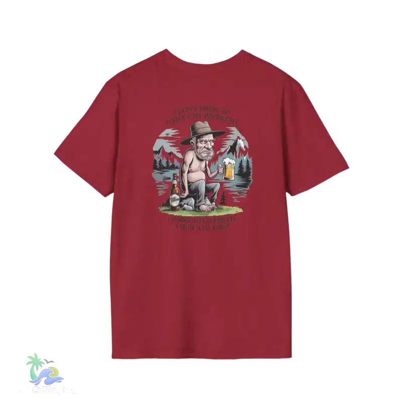 Maroon t-shirt with cartoon graphic.