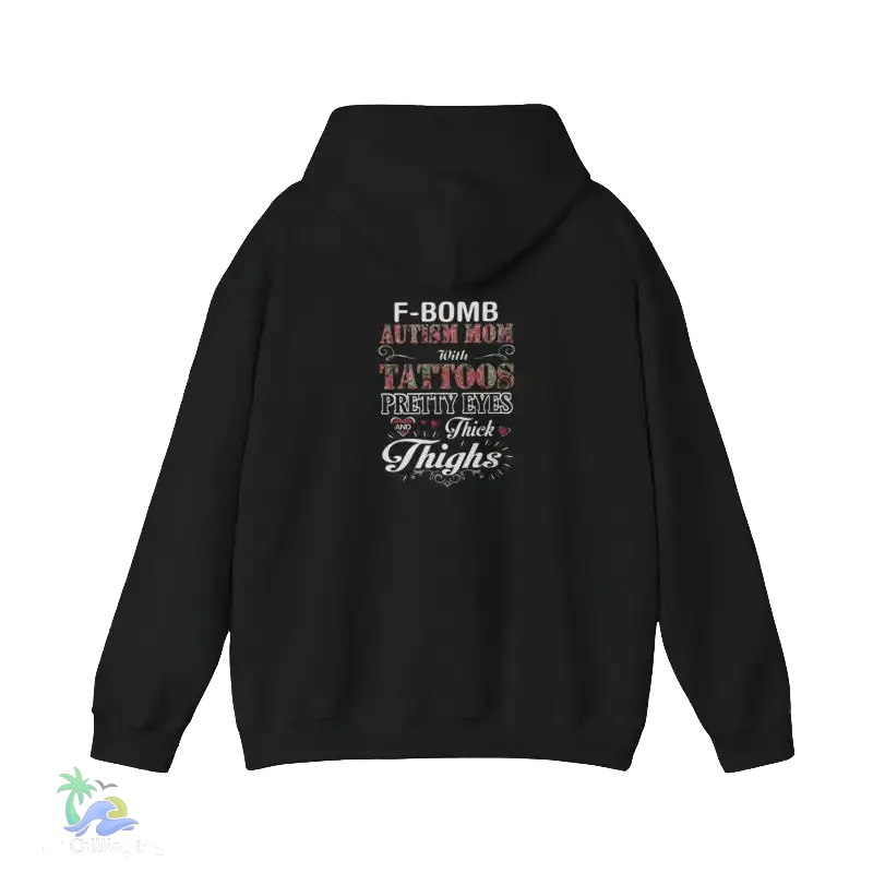 A black hooded sweatshirt with text printed on the back.
