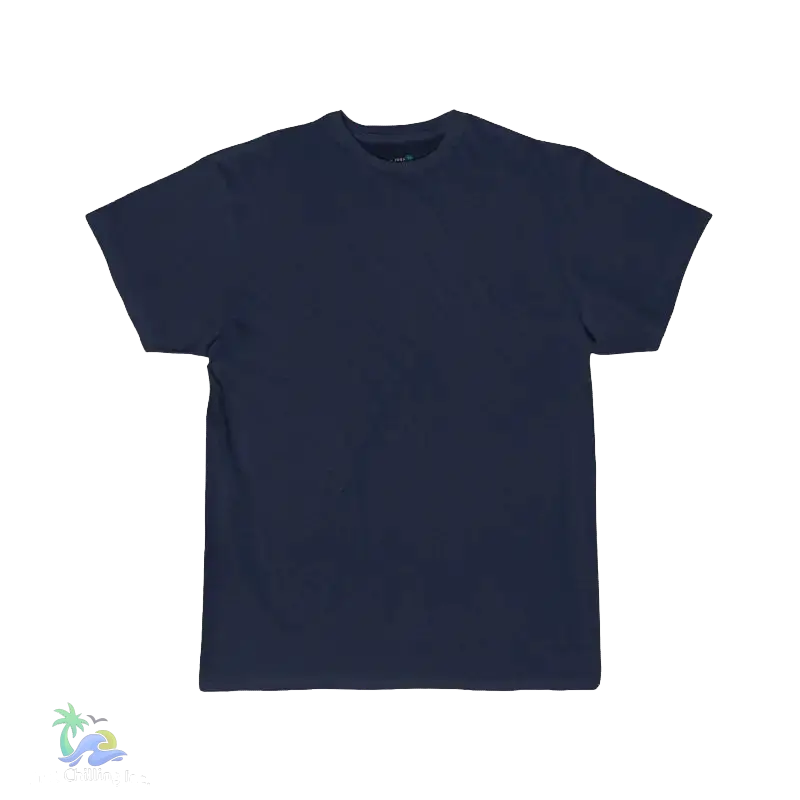 A navy blue t-shirt is shown against a black background.