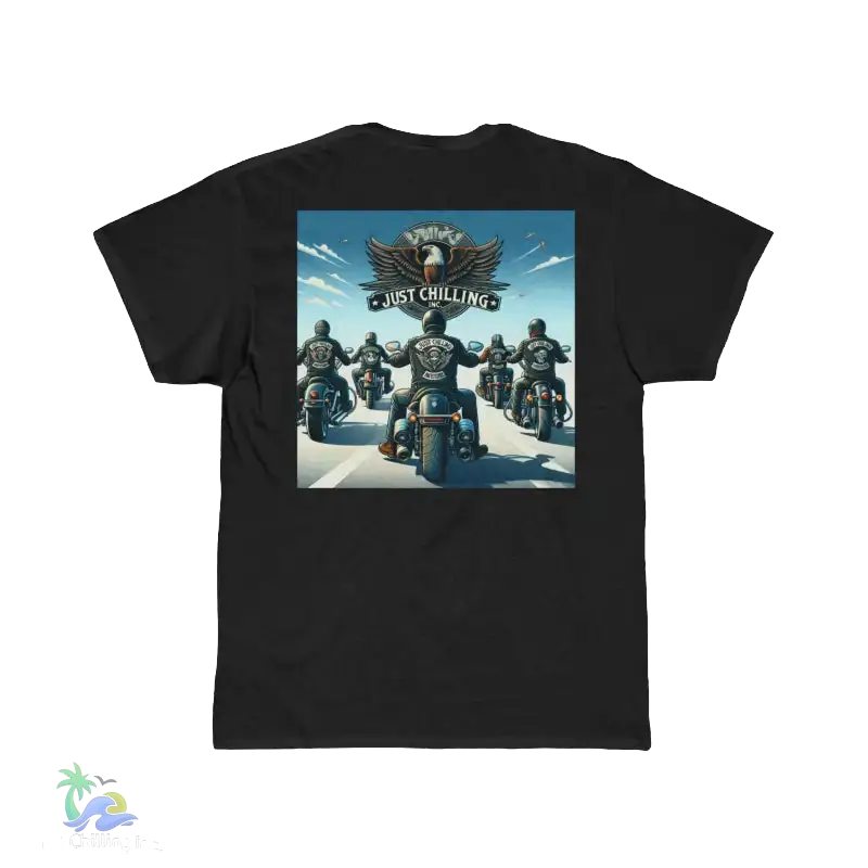A group of motorcyclists riding together on a road, with a large eagle-like symbol above them.