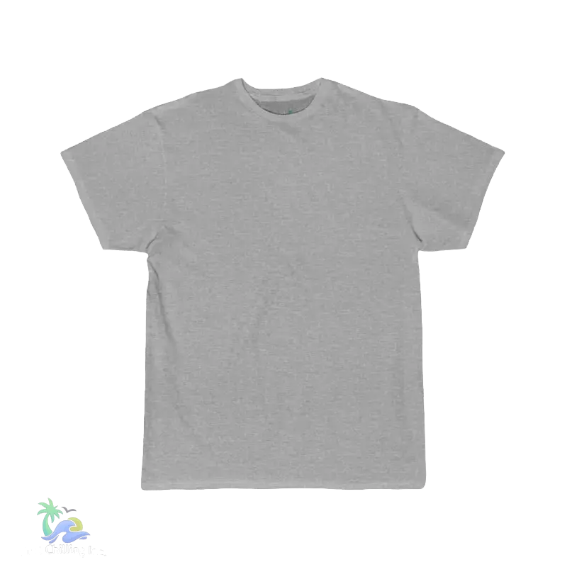 A plain, gray t-shirt is shown against a black background.