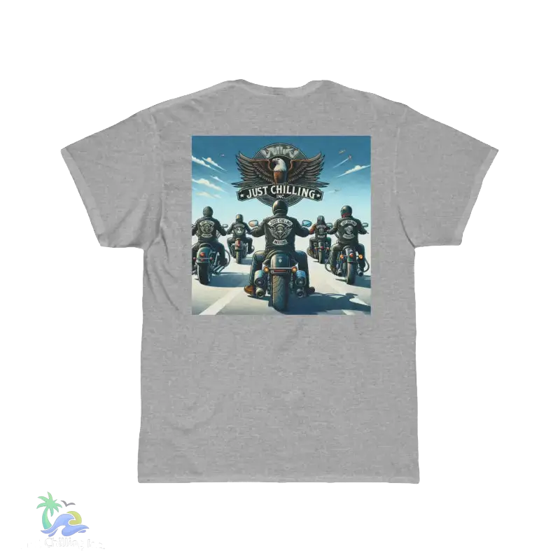 A group of motorcyclists riding together, with a large eagle logo in the background.