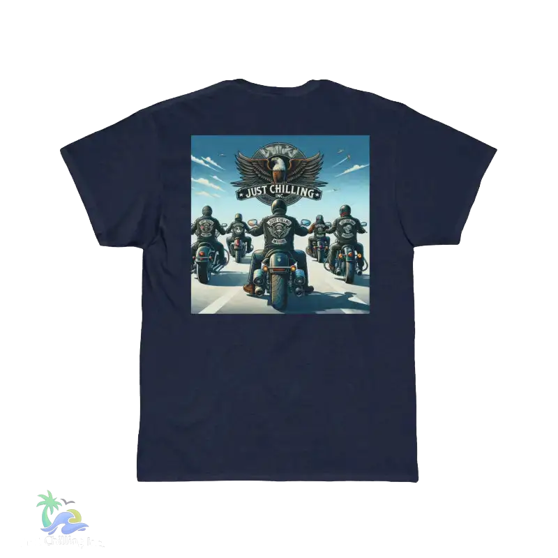 A group of motorcyclists riding together on a road, with a large eagle graphic above them.