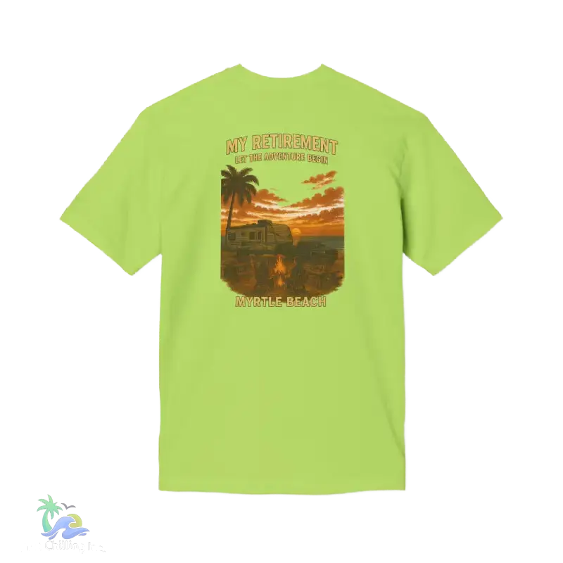 A bright yellow t-shirt with a graphic design depicting a sunset scene with palm trees and a camper van.