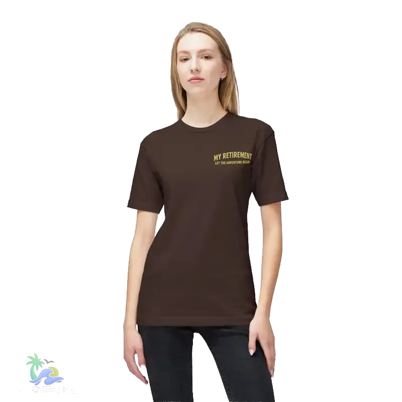 A woman wearing a brown t-shirt with the text "MY RETIREMENT" printed on it.