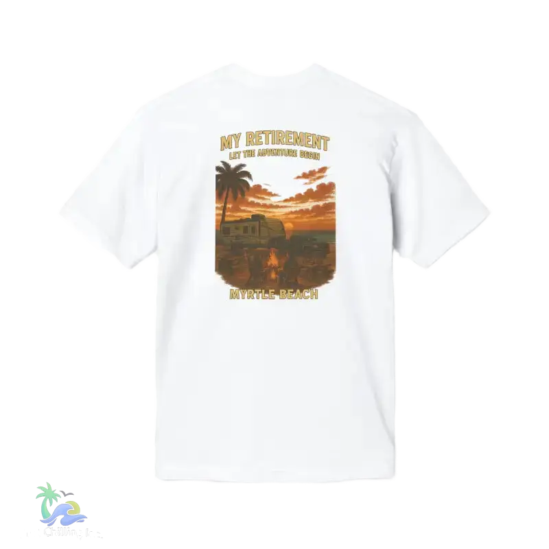 A white t-shirt with a graphic design depicting a sunset scene with palm trees and a building.