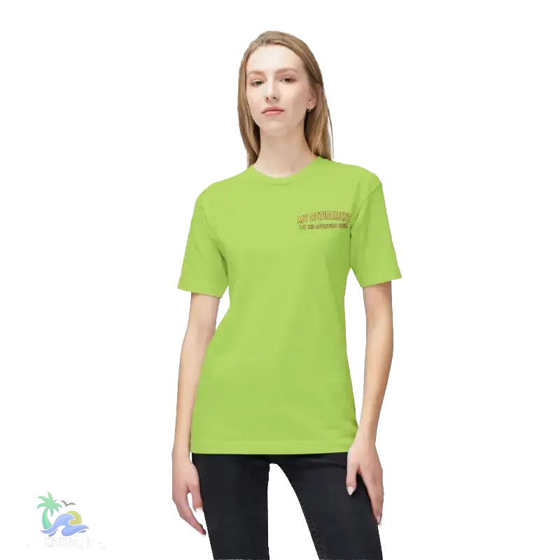 A woman wearing a lime green t-shirt with text on it, standing against a black background.