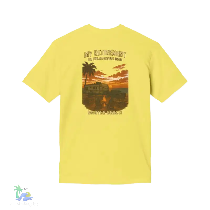 A yellow t-shirt with a graphic design depicting a sunset scene with palm trees and a vehicle, along with the text "MY RETIREMENT" and "MY ADVENTURE BEGINS" printed on it.