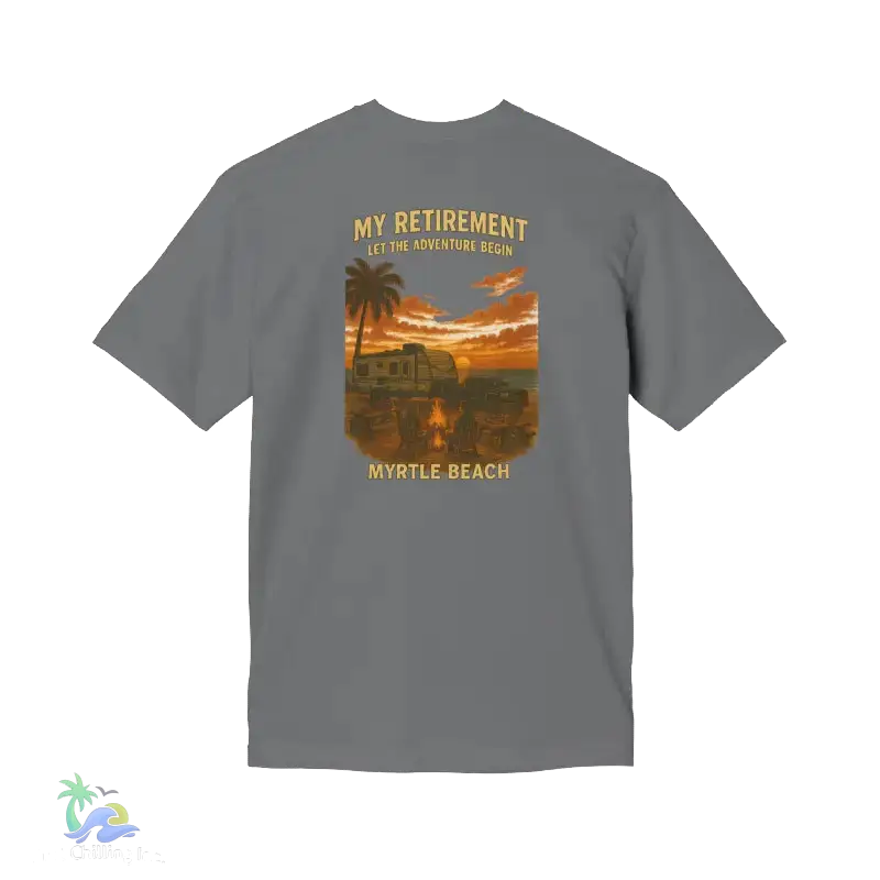 A gray t-shirt with a graphic design depicting a beach scene at sunset, including palm trees, a car, and a person.