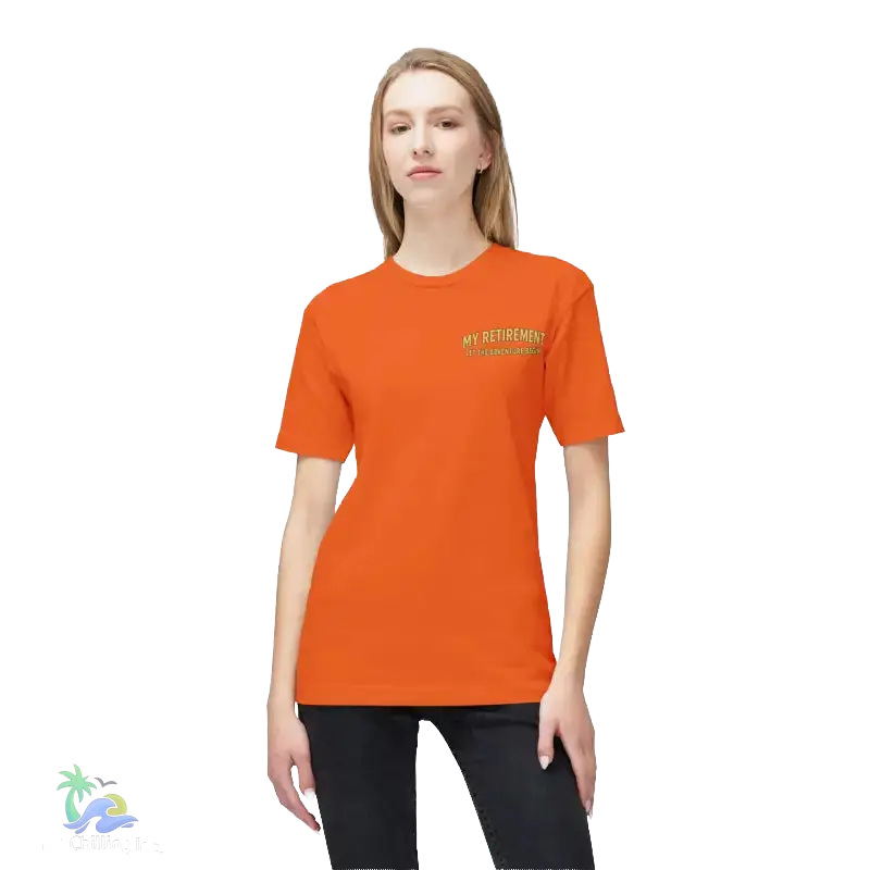A woman wearing an orange t-shirt with the text "My Retirement" printed on it.