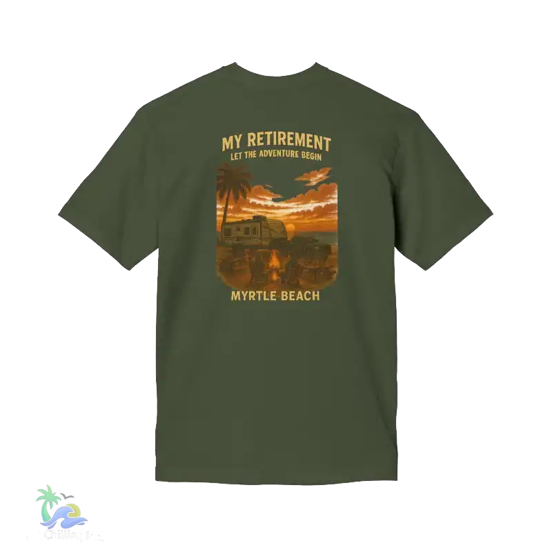 A green t-shirt with a graphic design depicting a beach scene with palm trees, a sunset, and a vehicle. The text on the t-shirt reads "MY RETIREMENT" and "LET THE ADVENTURES BEGIN MYRTLE BEACH".
