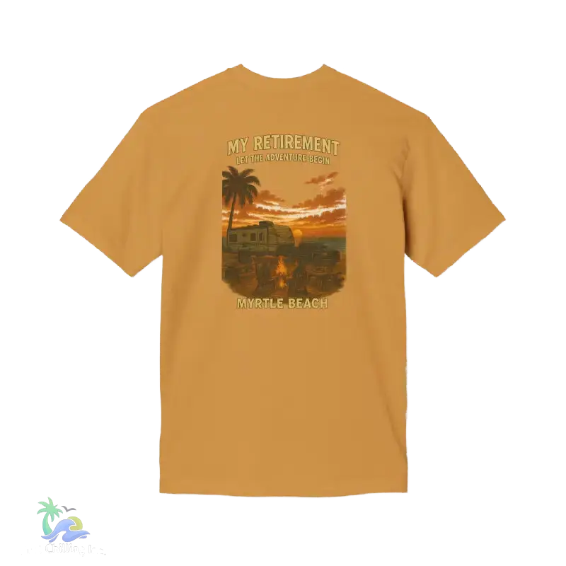 The image is a t-shirt with a graphic design depicting a beach scene at sunset, featuring a palm tree, a car, and a house.