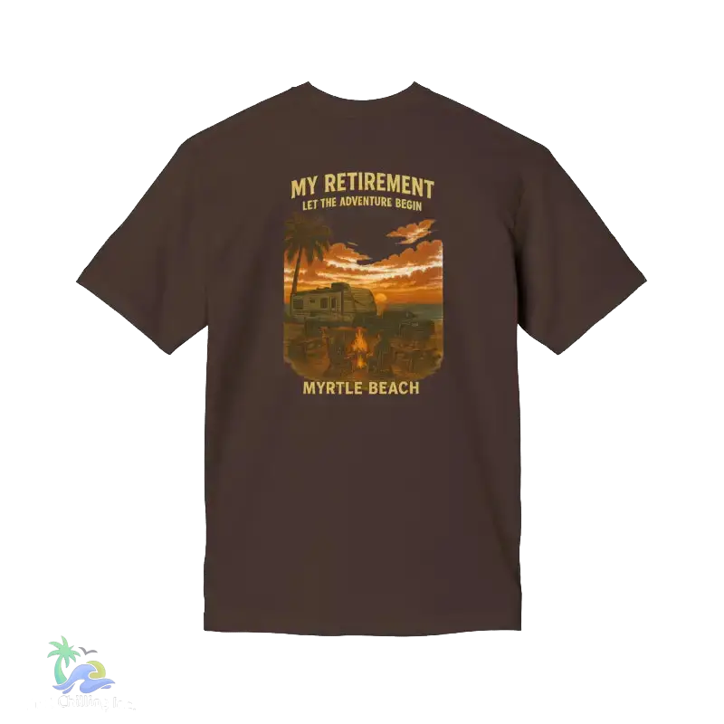 The image is a t-shirt design featuring a beach scene with palm trees, a sunset, and a camper van.