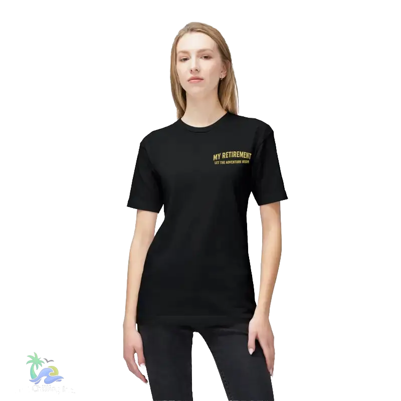 A woman wearing a black t-shirt with the text "MY RETIREMENT" printed on it.