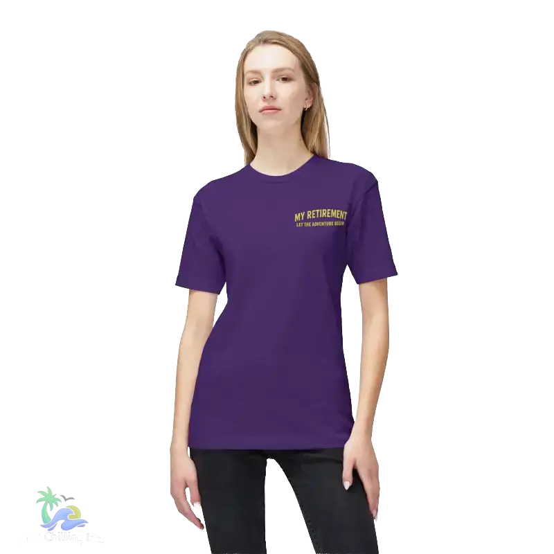 A woman wearing a purple t-shirt with the text "MY RETIREMENT" printed on it.