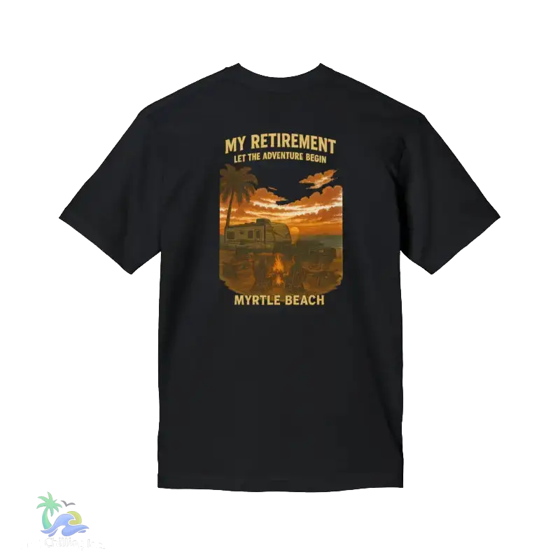 The image is a black t-shirt with a graphic design depicting a beach scene at sunset, featuring palm trees, a car, and a train.