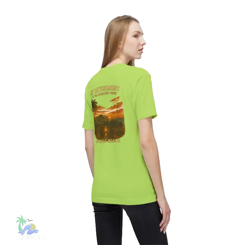 A woman wearing a lime green t-shirt with a graphic design on the back.