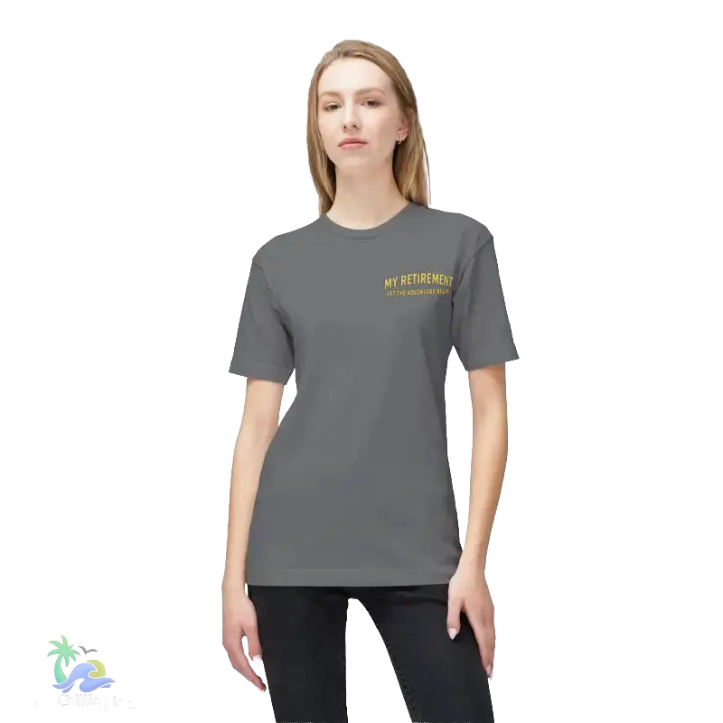 A woman wearing a grey t-shirt with the text "MY RETIREMENT" printed on it.