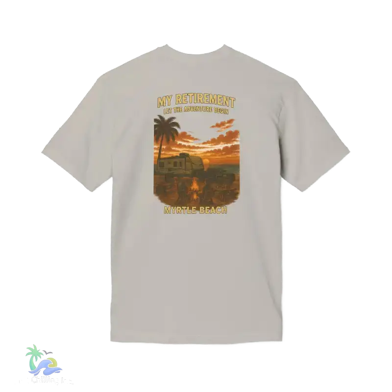 A t-shirt with a graphic design depicting a sunset scene with palm trees and a vehicle, along with the text "MY RETIREMENT" and "MY ADVENTURE BEGIN".