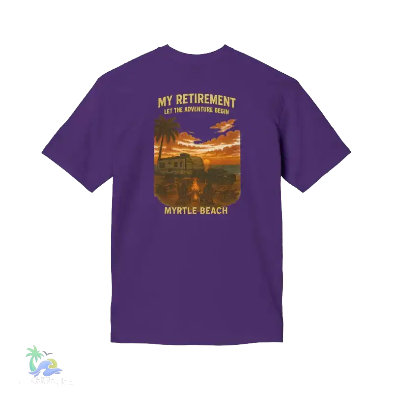 A purple t-shirt with a graphic design depicting a beach scene at sunset, featuring palm trees, a car, and a person.