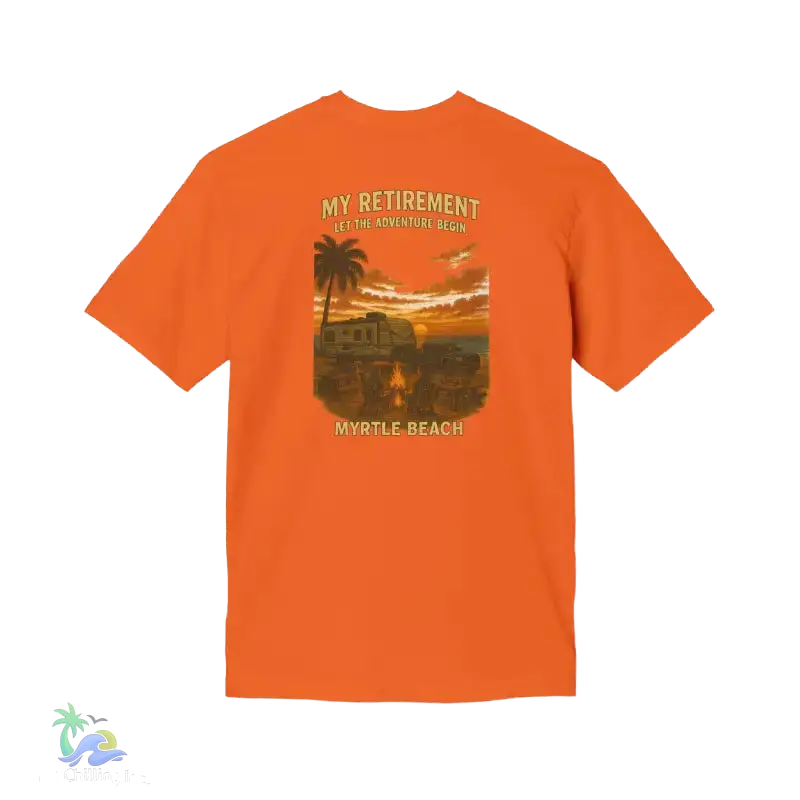 The image is an orange t-shirt with a graphic design depicting a beach scene with palm trees, a sunset, and a vehicle.