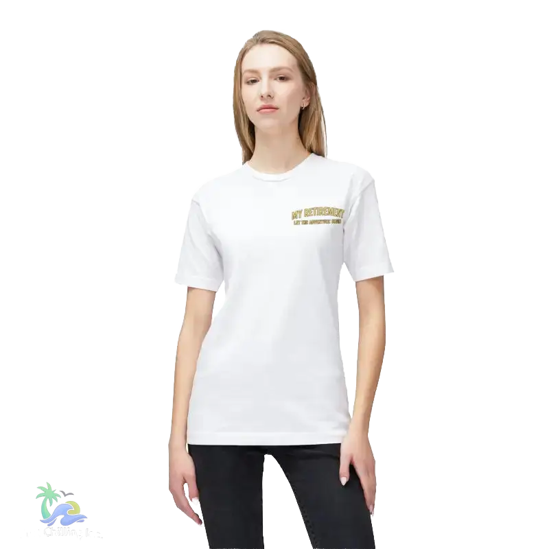 A woman wearing a white t-shirt with a gold text logo on it, standing against a black background.
