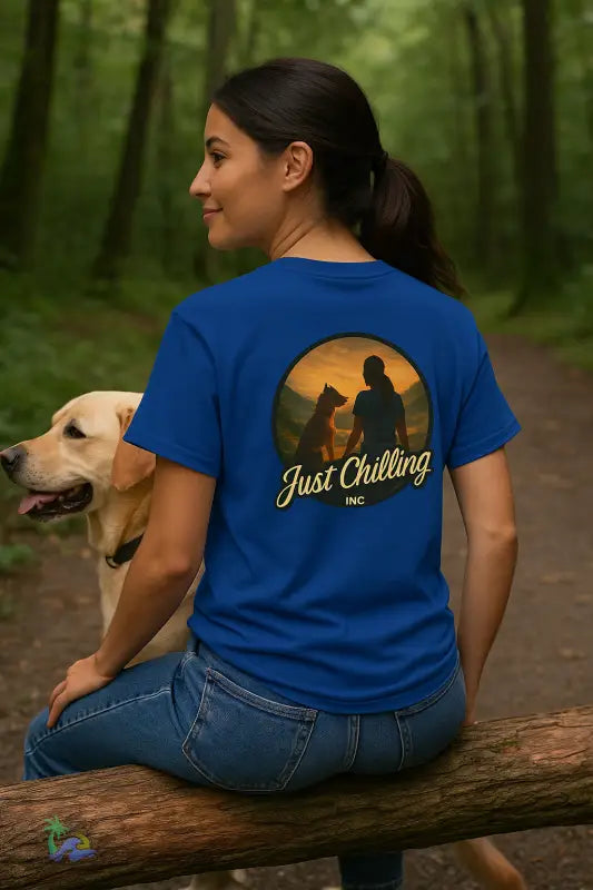 Sunset Vibes – Local Girl & Dog Graphic Tee | Unisex Heavy Cotton T Shirt by Just Chilling Inc. T Shirt