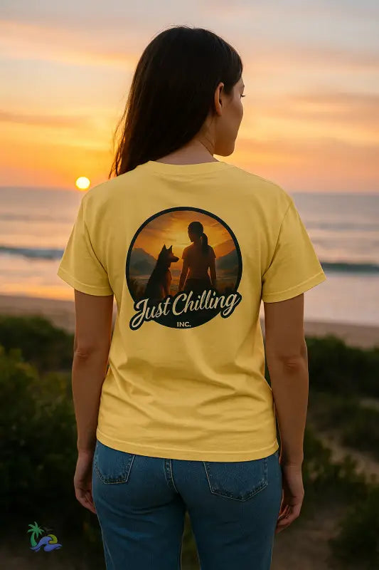 Sunset Vibes – Local Girl & Dog Graphic Tee | Unisex Heavy Cotton T Shirt by Just Chilling Inc. T Shirt