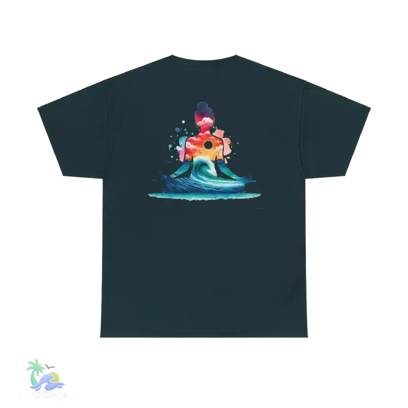 a black t - shirt with an image of a surfer riding a wave