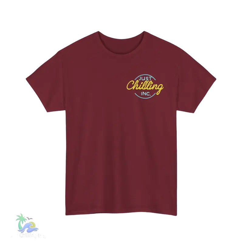 a maroon t - shirt with a yellow and white logo