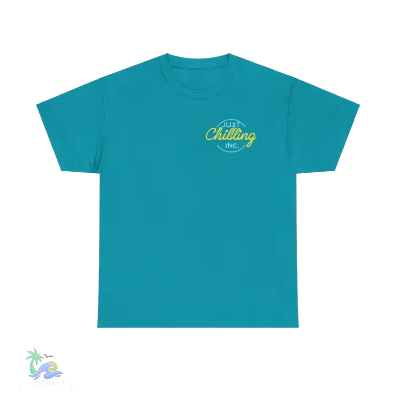 a blue t - shirt with a yellow and green logo