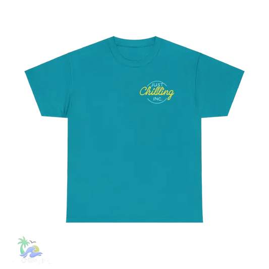 a blue t - shirt with a yellow and green logo