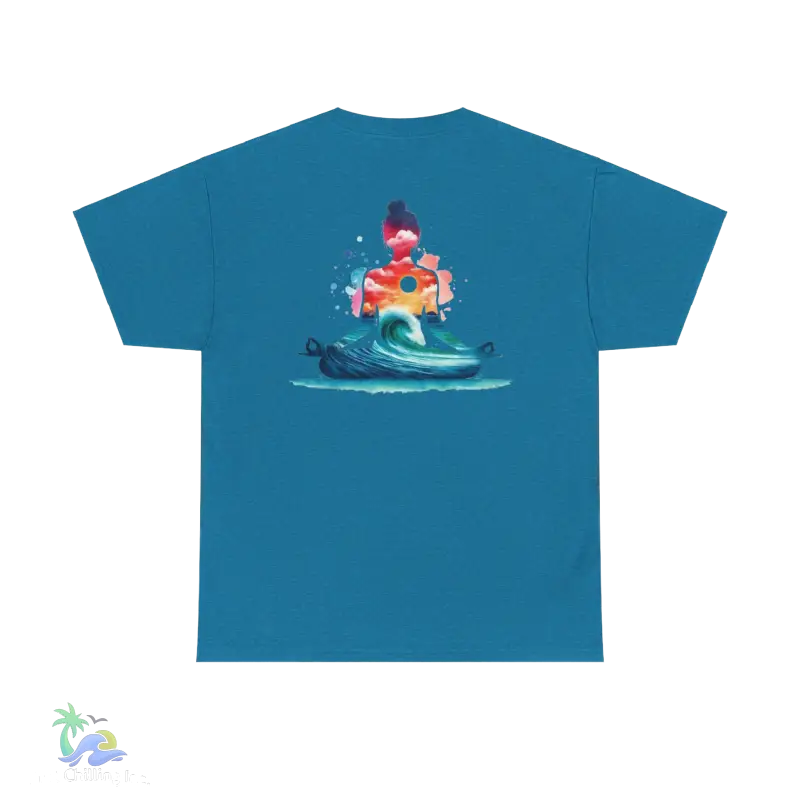 a blue t - shirt with an image of a man on a surfboard