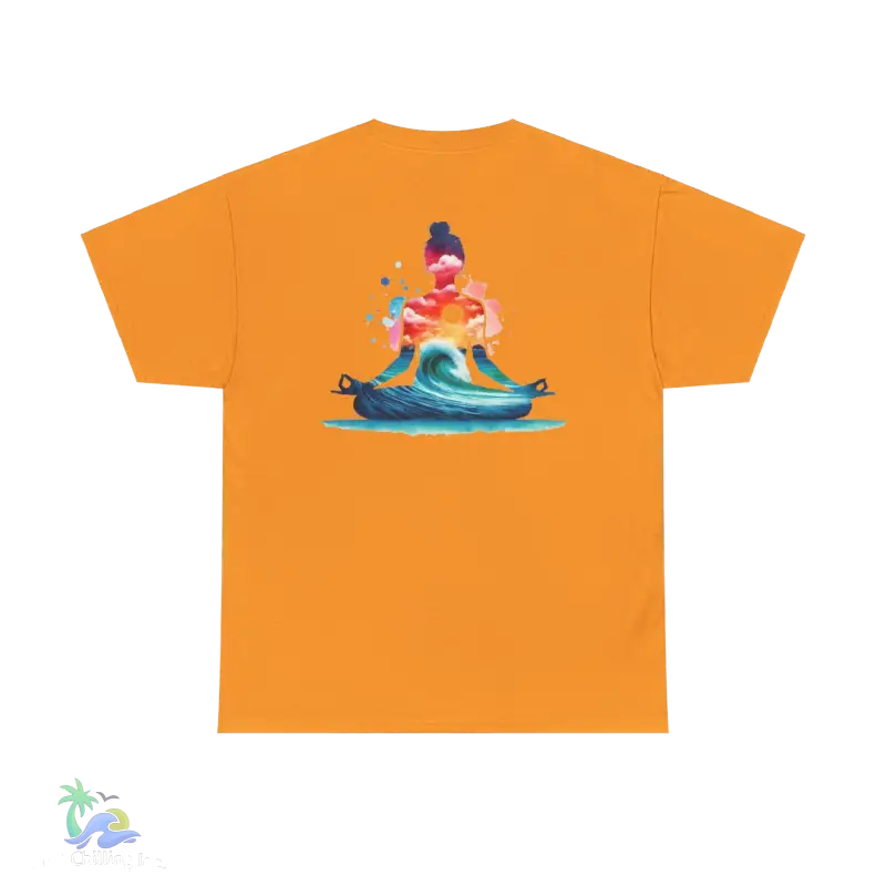 an orange t - shirt with an image of a person sitting on a surfboard