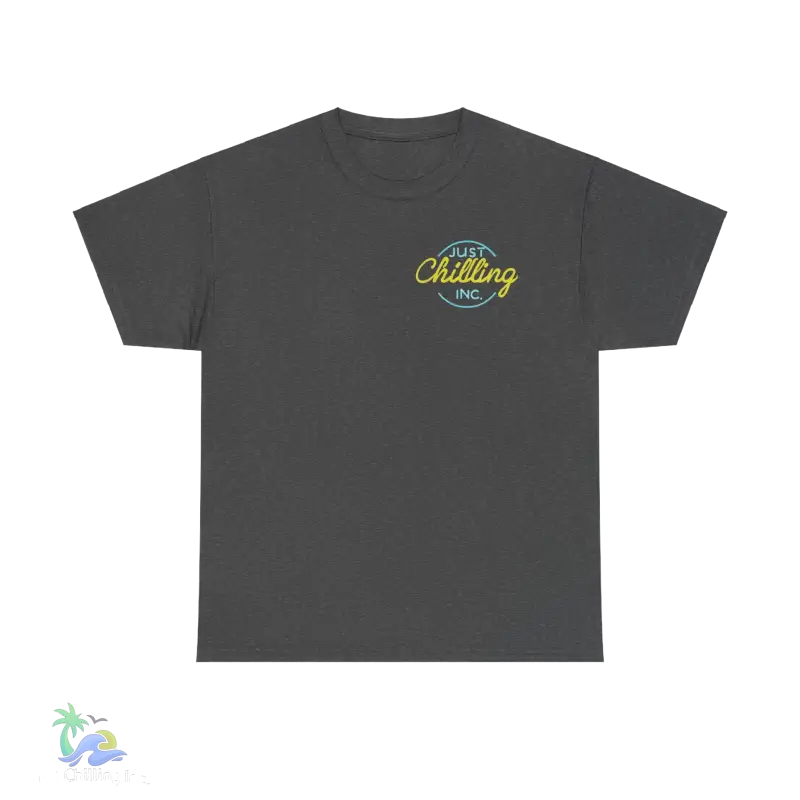 a grey t - shirt with a yellow and blue logo