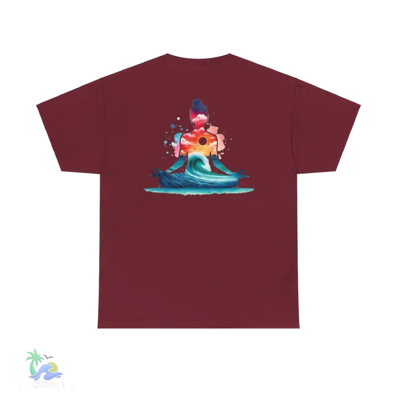 a red t - shirt with an image of a surfer riding a wave