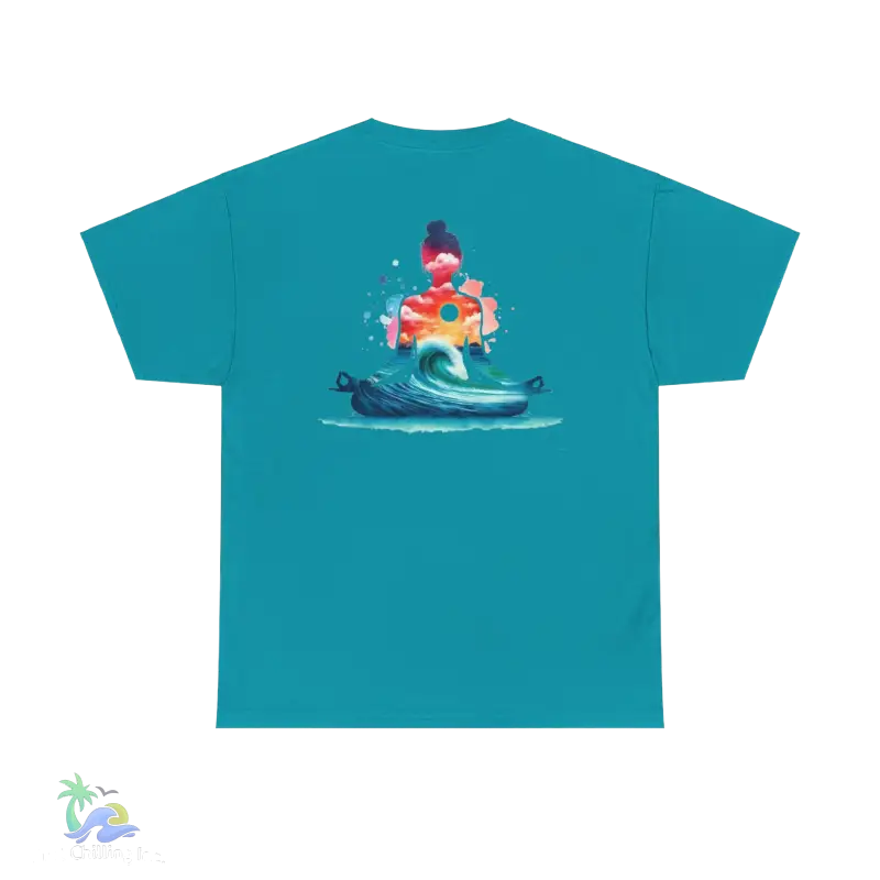 a blue t - shirt with an image of a man on a surfboard