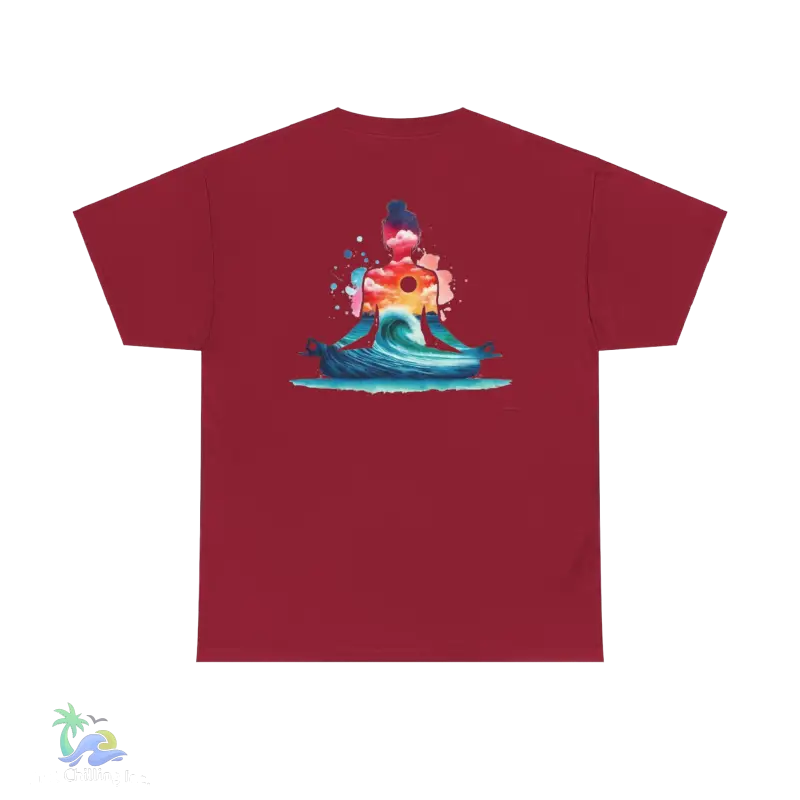 a red t - shirt with an image of a surfer riding a wave