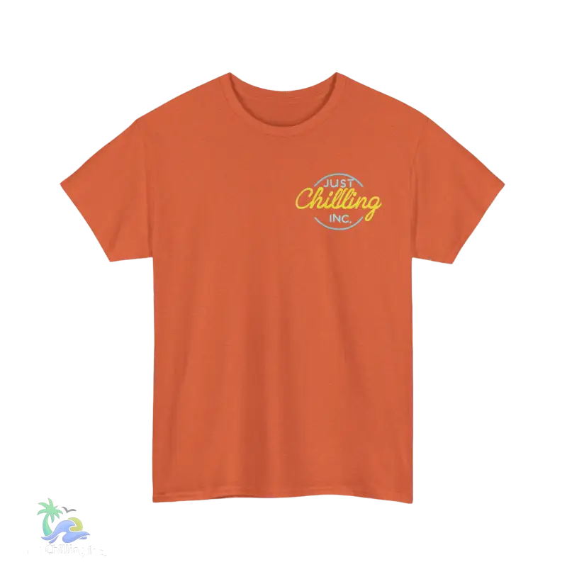 an orange t - shirt with a yellow and yellow lettering that says, happy chill
